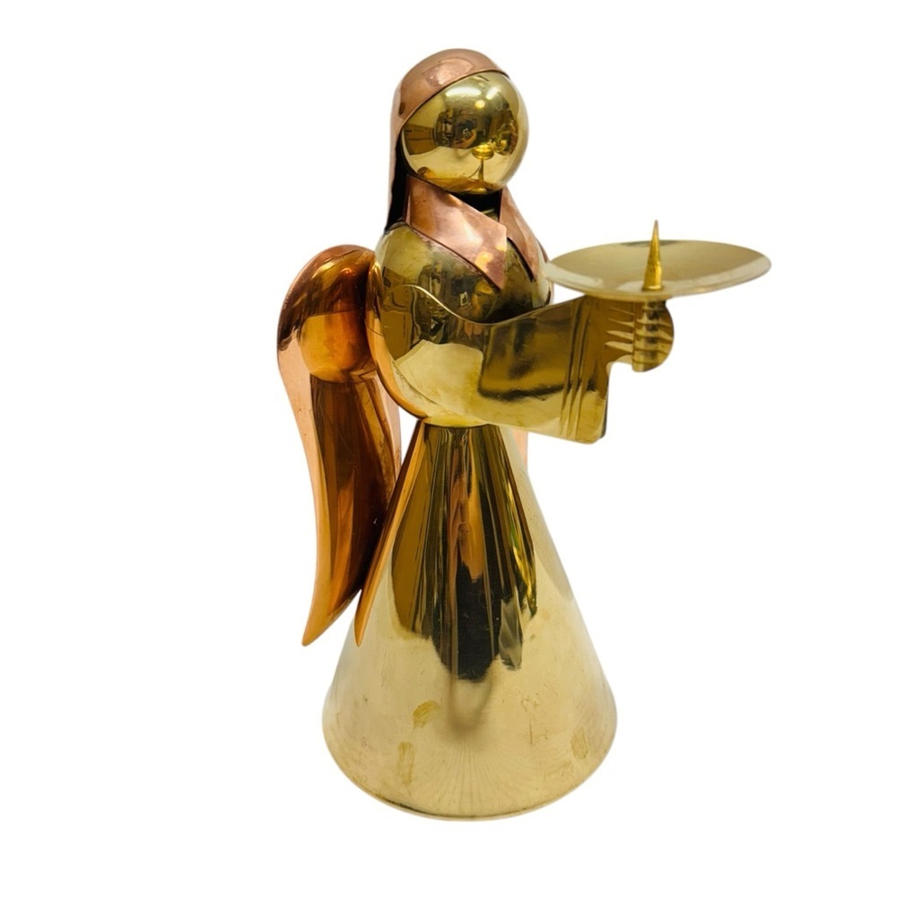 Vintage Brass Copper Angel Candle Holder  9” Figure Gold Two Tone Christmas